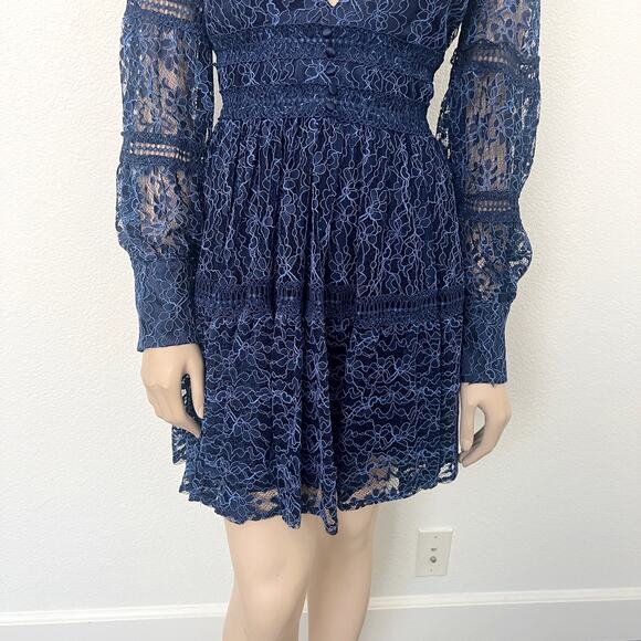 [Bardot] Navy Blue Deep V-Neck Venice Floral Lace Tiered Mini Dress Size Large L - Picture 7 of 13